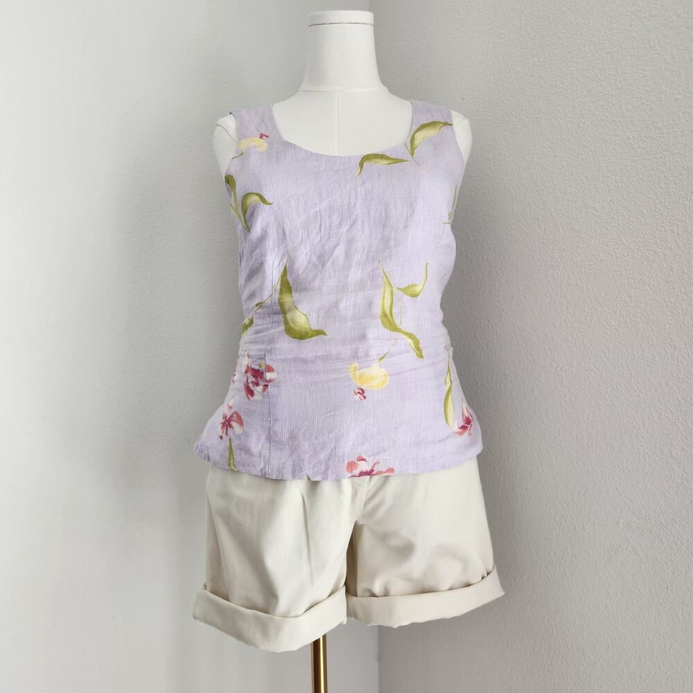 Vintage 90s Lavender Floral Linen Sleeveless Blouse Scoop Neck Back Zip Aust M
